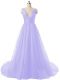Custom Design Lavender Organza Backless V-neck Sleeveless Prom Gown Brush Train Ruching