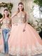 Floor Length Lace Up 15 Quinceanera Dress Peach for Prom and Party and Military Ball and Sweet 16 and Quinceanera with Beading and Lace and Appliques