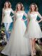 Wonderful Tulle Scoop Half Sleeves Brush Train Lace Up Beading Wedding Dress in White