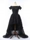 Flirting Black Lace Zipper Scalloped Short Sleeves High Low Military Ball Dresses For Women Lace