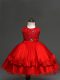 Elegant Sleeveless Tulle Knee Length Zipper Flower Girl Dresses for Less in Red with Lace and Bowknot