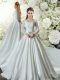 Suitable White Taffeta Lace Up V-neck Long Sleeves Wedding Gown Chapel Train Lace and Belt