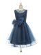 Knee Length Zipper Toddler Flower Girl Dress Navy Blue for Wedding Party with Beading and Bowknot