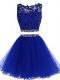 Affordable Royal Blue Two Pieces Tulle Scoop Sleeveless Beading and Lace and Appliques Mini Length Zipper Prom Dresses