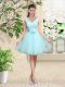 Unique Sleeveless Tulle Knee Length Lace Up Wedding Party Dress in Aqua Blue with Lace and Belt