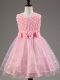 New Style Baby Pink Ball Gowns Tulle Scoop Sleeveless Ruffled Layers and Hand Made Flower Knee Length Zipper Kids Pageant Dress