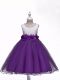 Fashionable Sleeveless Organza Knee Length Zipper Kids Pageant Dress in Purple with Lace and Hand Made Flower