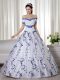 Low Price White Short Sleeves Organza Lace Up Quince Ball Gowns for Military Ball and Sweet 16 and Quinceanera