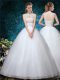 Custom Designed Sleeveless Tulle Floor Length Lace Up Bridal Gown in White with Beading and Appliques and Embroidery