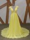 Dramatic Yellow Short Sleeves Lace and Appliques Zipper Prom Party Dress