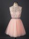 High Class Peach A-line Scoop Sleeveless Tulle Mini Length Lace Up Beading Homecoming Dress