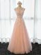 Cute Peach A-line Tulle Scoop Sleeveless Appliques Floor Length Lace Up Prom Gown