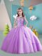 Best Lavender Tulle Lace Up Scoop Sleeveless Little Girls Pageant Gowns Brush Train Beading