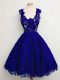 Sweet Blue Lace Lace Up Bridesmaid Gown Sleeveless Knee Length Lace
