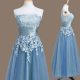 Fancy Blue Sleeveless Appliques Tea Length Bridesmaid Dresses