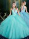 Tulle Halter Top Sleeveless Lace Up Beading and Pick Ups Quince Ball Gowns in Aqua Blue