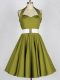 Olive Green A-line Halter Top Sleeveless Taffeta Knee Length Lace Up Belt Bridesmaid Dress