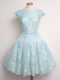 Exquisite Light Blue A-line Lace Scalloped Cap Sleeves Lace Knee Length Lace Up Quinceanera Court Dresses