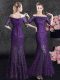 Off the Shoulder Floor Length Mermaid Half Sleeves Eggplant Purple Mother Of The Bride Dress Lace Up