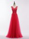 Great Coral Red V-neck Backless Lace and Appliques Evening Dresses Sleeveless