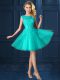 Wonderful Turquoise A-line Bateau Cap Sleeves Tulle Knee Length Lace Up Lace and Belt Quinceanera Dama Dress