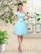 Cap Sleeves Knee Length Lace and Belt Lace Up Bridesmaid Dresses with Aqua Blue