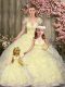 Sleeveless Tulle Floor Length Lace Up Quince Ball Gowns in Light Yellow with Beading and Ruffles