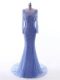Enchanting Blue Tulle Backless Scoop Long Sleeves Formal Evening Gowns Brush Train Sequins