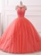 Best Coral Red Sleeveless Brush Train Beading and Lace Quinceanera Dresses