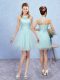 Modern Aqua Blue A-line Tulle Halter Top Sleeveless Lace Mini Length Lace Up Bridesmaid Dresses
