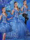 Hot Sale Organza Off The Shoulder Cap Sleeves Lace Up Beading and Embroidery Quince Ball Gowns in Blue