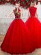 Floor Length Red Quinceanera Dresses High-neck Short Sleeves Lace Up