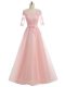 Sweet Pink Zipper Dress for Prom Lace and Appliques Short Sleeves Floor Length