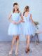 Luxurious Aqua Blue A-line Tulle V-neck Sleeveless Ruching Knee Length Lace Up Bridesmaid Dresses