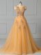 New Arrival Lace Up Military Ball Gowns Gold for Prom and Party with Appliques and Pattern Brush Train