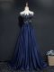 Navy Blue Empire Scoop Sleeveless Taffeta Brush Train Zipper Beading and Appliques Prom Gown