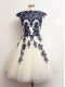 Mini Length Lace Up Dama Dress for Quinceanera Blue And White for Prom and Party and Wedding Party with Appliques