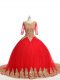 Red Half Sleeves Brush Train Lace and Appliques Quince Ball Gowns