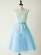 Fantastic Light Blue A-line Tulle Scoop Sleeveless Lace Knee Length Lace Up Bridesmaid Dress