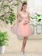 Peach A-line Lace and Belt Wedding Guest Dresses Lace Up Tulle Sleeveless Knee Length