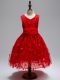 Wonderful Sleeveless High Low Appliques Zipper Toddler Flower Girl Dress with Wine Red