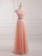 Excellent Tulle and Lace V-neck Short Sleeves Lace Up Beading and Lace and Appliques Mother Of The Bride Dress in Peach