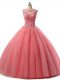 Watermelon Red Sleeveless Beading and Lace Floor Length Quince Ball Gowns