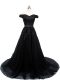 Glittering Black Off The Shoulder Neckline Beading and Lace and Appliques Prom Gown Sleeveless Lace Up