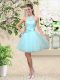 Aqua Blue A-line Halter Top Sleeveless Tulle Knee Length Lace Up Lace and Belt Bridesmaids Dress