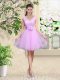 Classical Tulle V-neck Sleeveless Lace Up Lace and Belt Bridesmaid Gown in Lilac