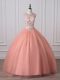 Exceptional Peach Sleeveless Floor Length Beading Zipper Ball Gown Prom Dress