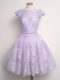 Lavender A-line Lace Scalloped Cap Sleeves Lace Knee Length Lace Up Bridesmaid Dresses