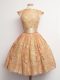 Suitable High-neck Cap Sleeves Dama Dress for Quinceanera Knee Length Belt Gold Lace