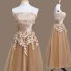 Fashion Sleeveless Tulle Tea Length Lace Up Bridesmaids Dress in Brown with Appliques
